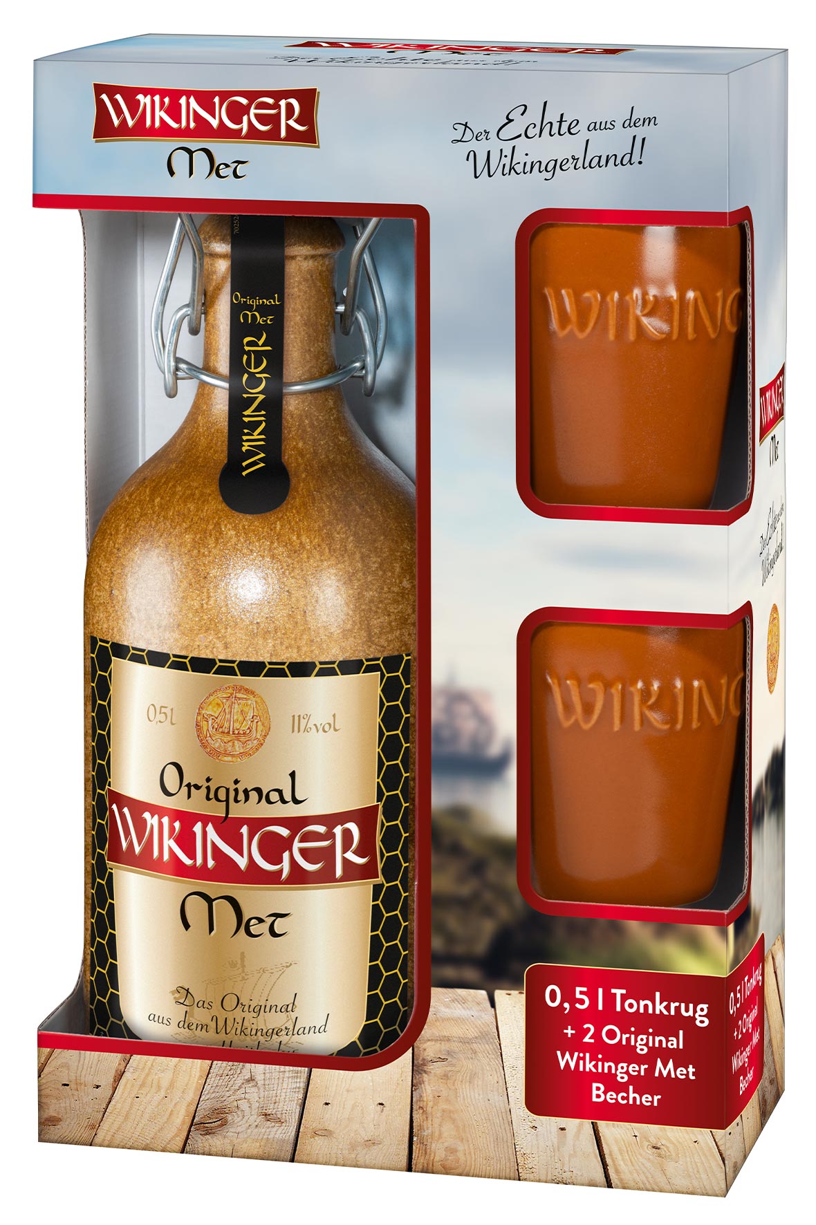 Honigwein-Met.de Online-Shop Tonflasche mit Wikinger Set Original Tonbecher - - Met 2 0,5l